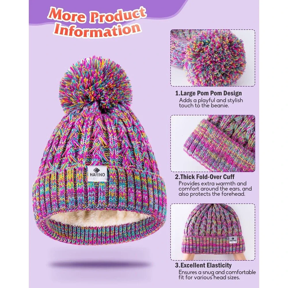 HAITHO Kids Winter Beanie Hat with Pom Girls Boys 7-12Y - NWT
